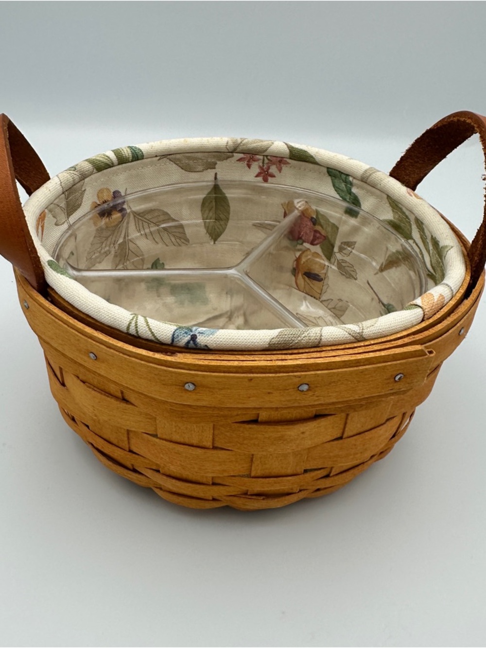 Longaberger Button Basket 7” 1999 w/ Liner Divider Floral Complete Set - Picture 3 of 14